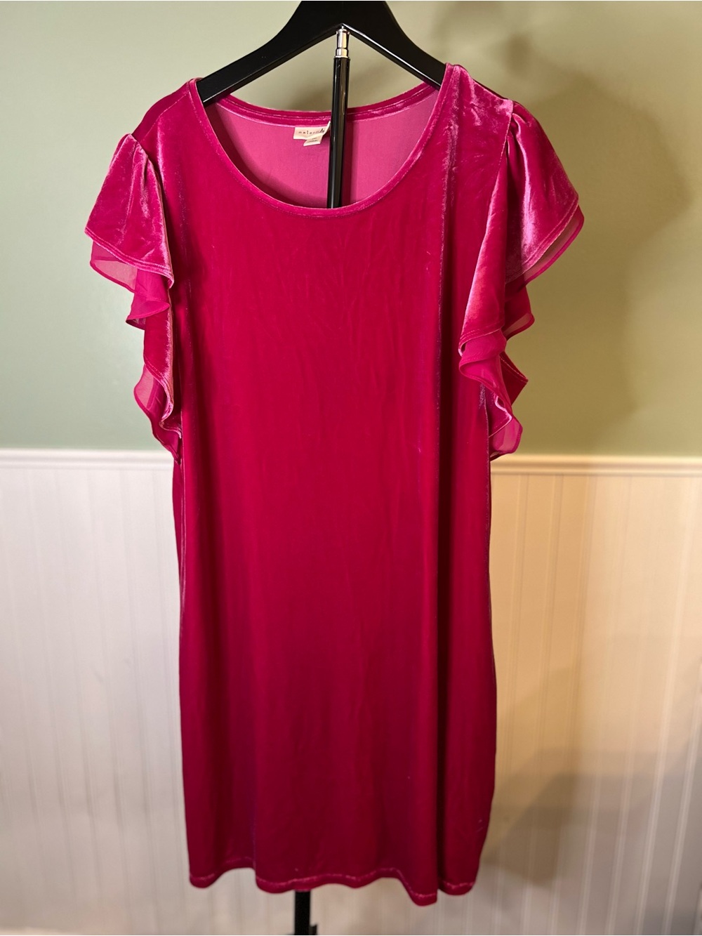 Maison Jules Hot Pink Velvet Midi Dress with Double Ruffle Sleeves. Size XXL